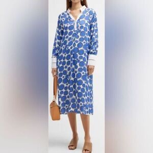 NWT Harshman Women’s Ciel Blue White Polka Dot Raglan Long Sleeve Midi Dress XS